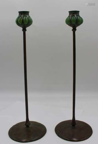 A Pair Of Bronze Tiffany Style Candlesticks