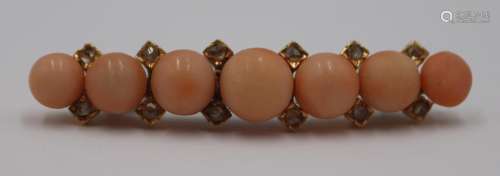 JEWELRY. Antique 18kt Gold, Coral and Diamond Pin.