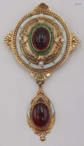 JEWELRY. Antique Enameled 9ct Gold, Colored Gem,
