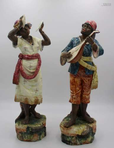 2 Antique Majolica Porcelain Black Musicians.