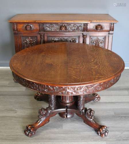 Horner ( Attrib) Highly Carved Oak Table , Leaves