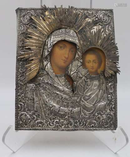 SILVER. 19th C Russian Silver Icon of the Madonna