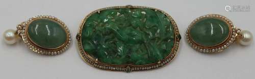 JEWELRY. 14kt Gold, Carved Jade, and Pearl Brooch.