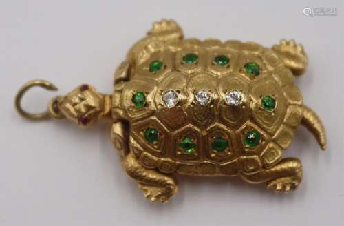 JEWELRY. 14kt Gold, Diamond and Colored Gem Turtle