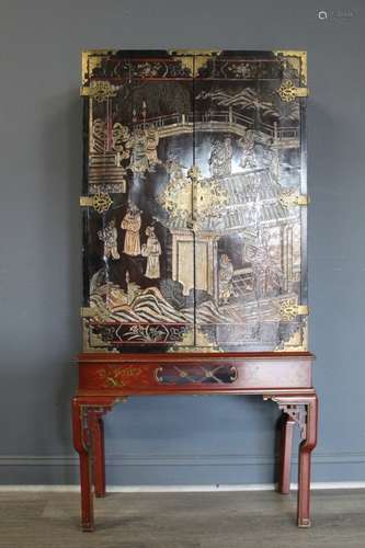 Antique Asian Style Carved Cabinet On Stand .