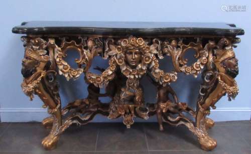Vintage Patinated Ornate Bronze Marbletop Console