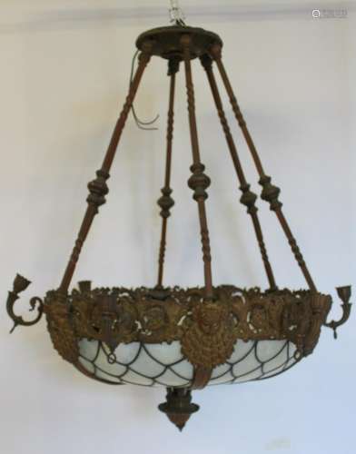 Large And Impressive Bronze & Glass Oil Chandelier