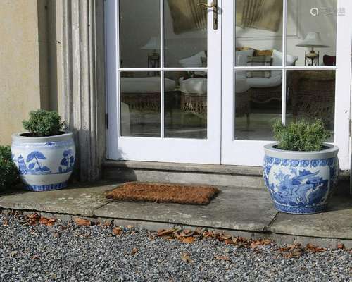 TWO LARGE CHINESE BLUE AND WHITE JARDINIERES