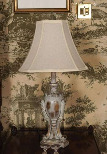 PAIR NEO-CLASSICAL CARVED WOOD & PAINTED TABLE LAMPS