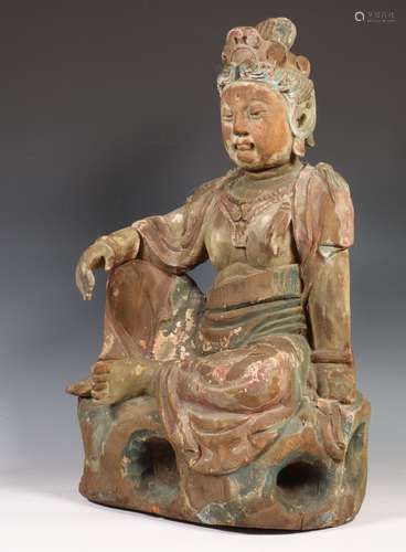 China, gelakt houten Ming-stijl figuur van Guanyin, 19e eeuw...