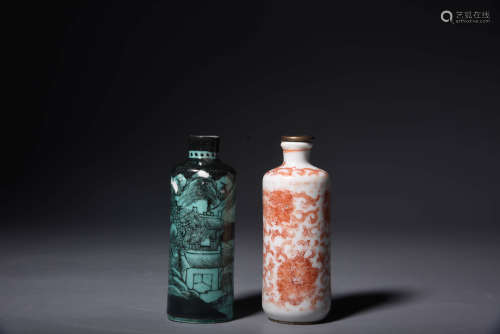 清中期 矾红缠枝花卉纹、墨彩松石绿山水纹鼻烟壶 两件