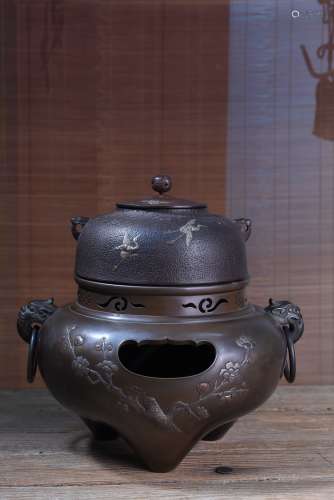 明治时期唐铜高浮雕镶嵌风炉釜