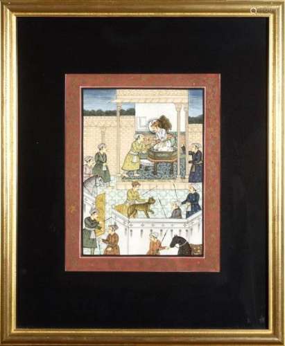 Lot de cinq miniatures peintes, représentant des scènes de p...