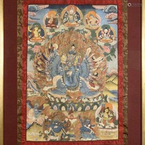 Thangka peint, représentant Vajrabhairava tenant le kartrika...