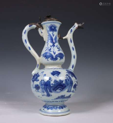 China, blauw-wit poresleinen tuitkan, Transitional,