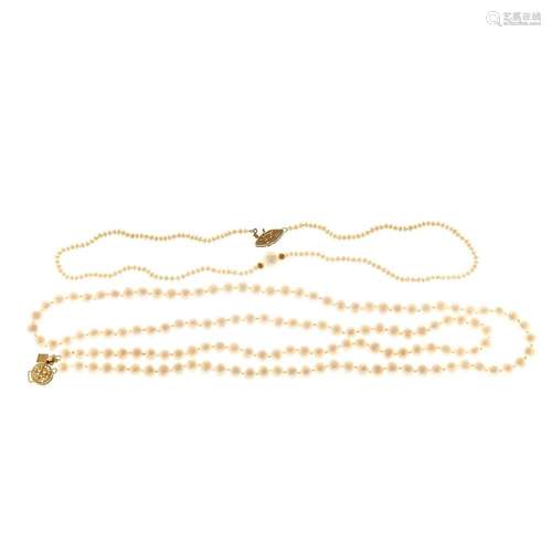 Two 14K Yellow Gold Pearl Necklaces