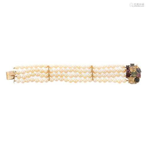 A Multi-Color Tourmaline & Pearl Bracelet