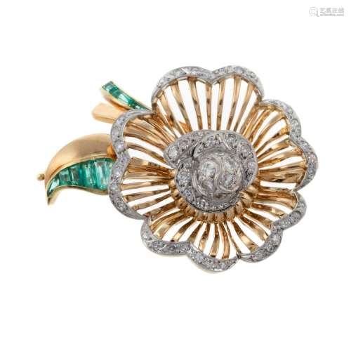 A Vintage Diamond & Emerald Flower Brooch in 18K