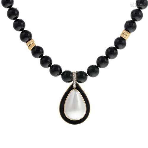 A 14K Onyx & Tear-Shaped Pearl Necklace