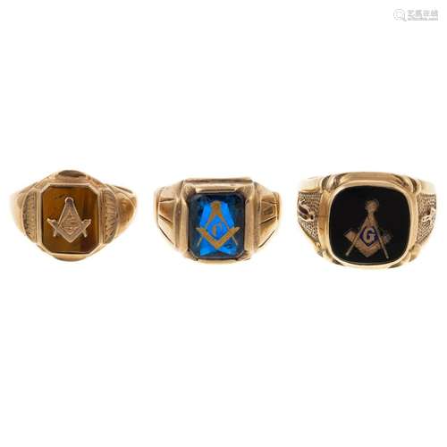 A Trio of Masonic Rings in 10K Yellow Gold