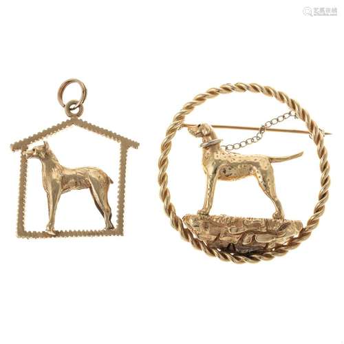 A Dog Pendant & Dog Brooch in 14K