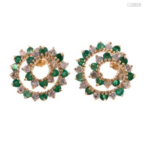 A Pair of Diamond & Emerald Swirl Earrings in 14K