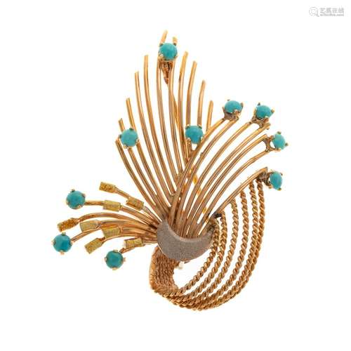 An 18K Yellow Gold Mid-Century Turquoise Brooch