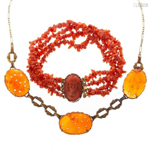 A 14K Art Deco Carnelian Necklace & Coral Bracelet