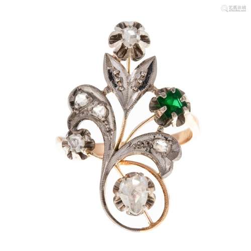 An Antique Russian Diamond & Emerald Ring in 14K