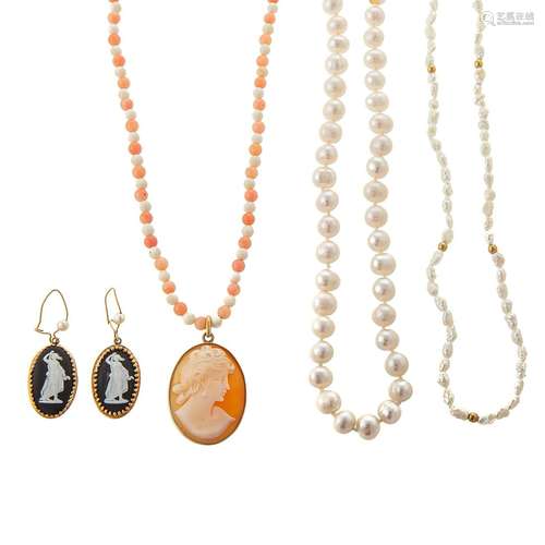 A Collection of Pearl & Cameo Jewelry in Gold