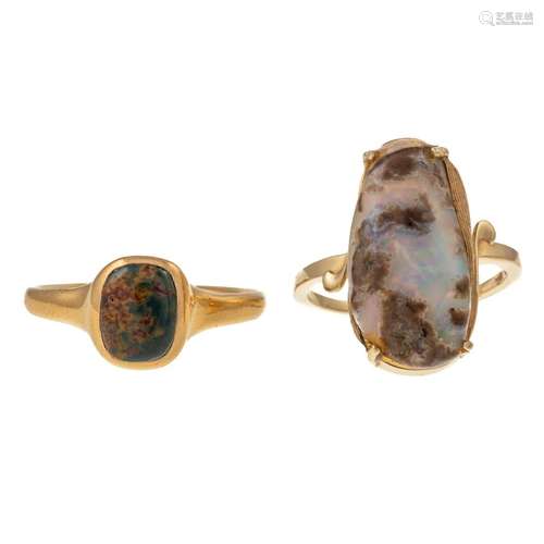 A Pair of Rings Featuring Boulder Opal & Agate