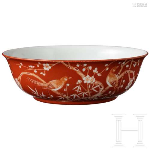 A coral-ground reserve-decorated bowl with mark,