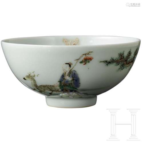 A small famille verte figural bowl with Kangxi mark,