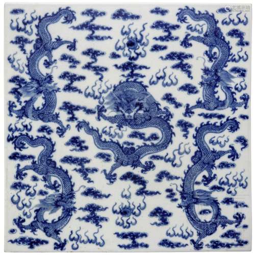 A blue and white five-dragon panel, late Qing - early