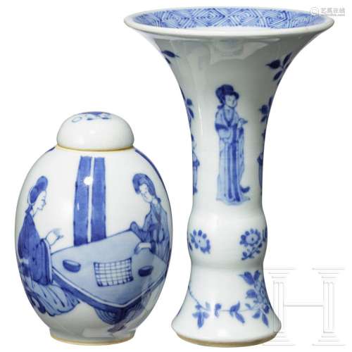 A small blue and white Gu-form vase and a jar, probably