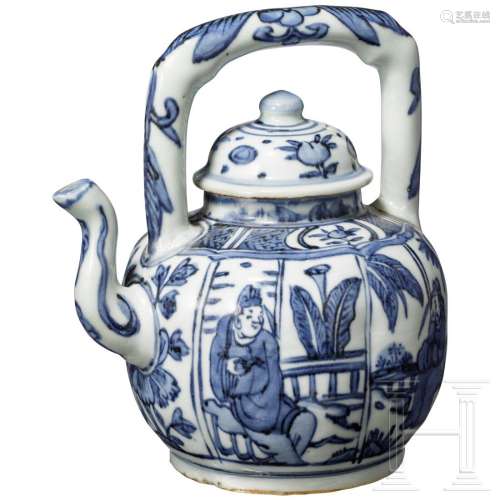 A blue and white teapot with cover, transitional