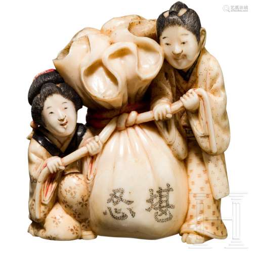 A Japanese Okimono in the form of Hotei's sack,