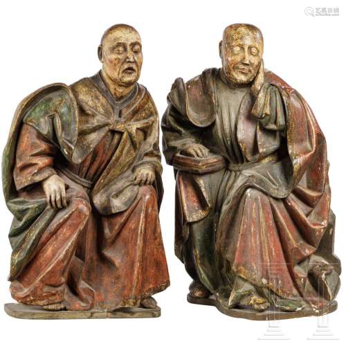 Two monks, polychromely painted wood, Macau/China, 18th