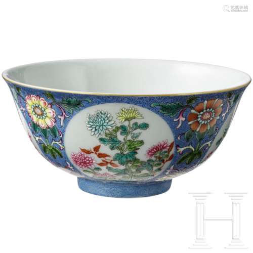 A famille rose blue ground scraffito bowl with Daoguang