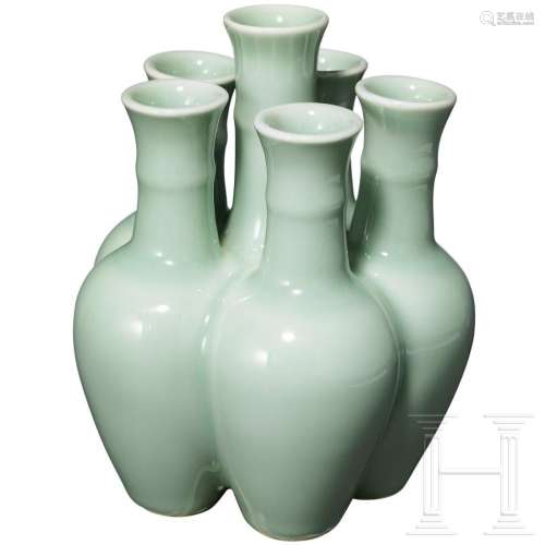 A celadon glazed tulip vase with four-character