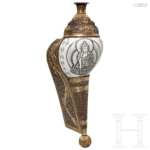 A Tibetan copper-mounted and partly gilded conch horn,