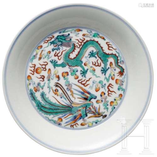 A Doucai dragon and phoenix plate with Qianlong mark,