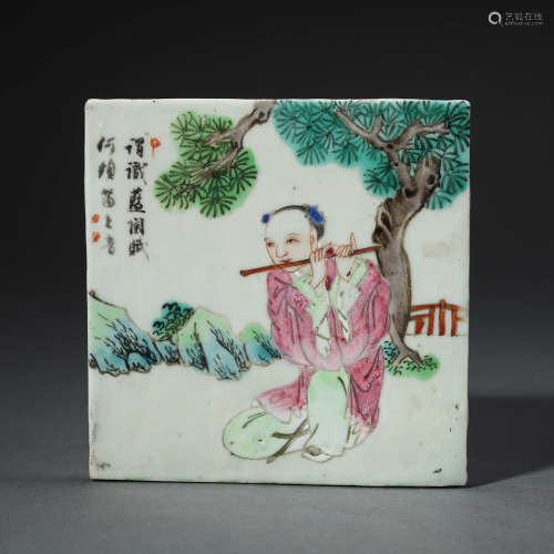 清中期 粉彩诗文童子图瓷板