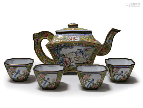 A SET OF PAINTED ENAMEL TEA-WARES