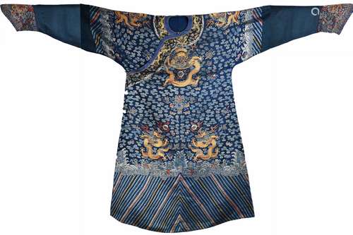 CHINESE BLUE-GROUND 'NINE DRAGON' SILK ROBE