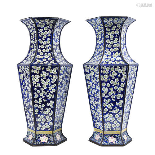 PAIR PAINTED ENAMEL BLOOMS VASES WITH MARK