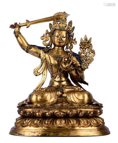 LARGE TURQUOISE-INLAID GILT BRONZE FIGURE OF MANJUSHRI