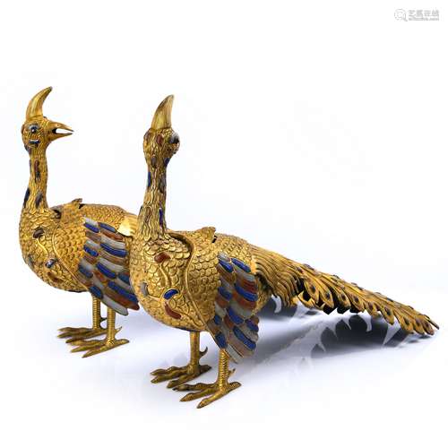 PAIR OF GILT BRONZE AND GEM-INLAID PHOENIX