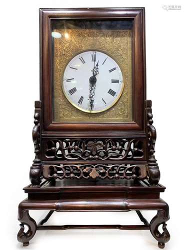 QING DYN. CARVED ROSEWOOD GILT MANTLE CLOCK