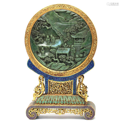 SPINACH JADE SCREEN IN CLOISONNE ENAMEL STAND